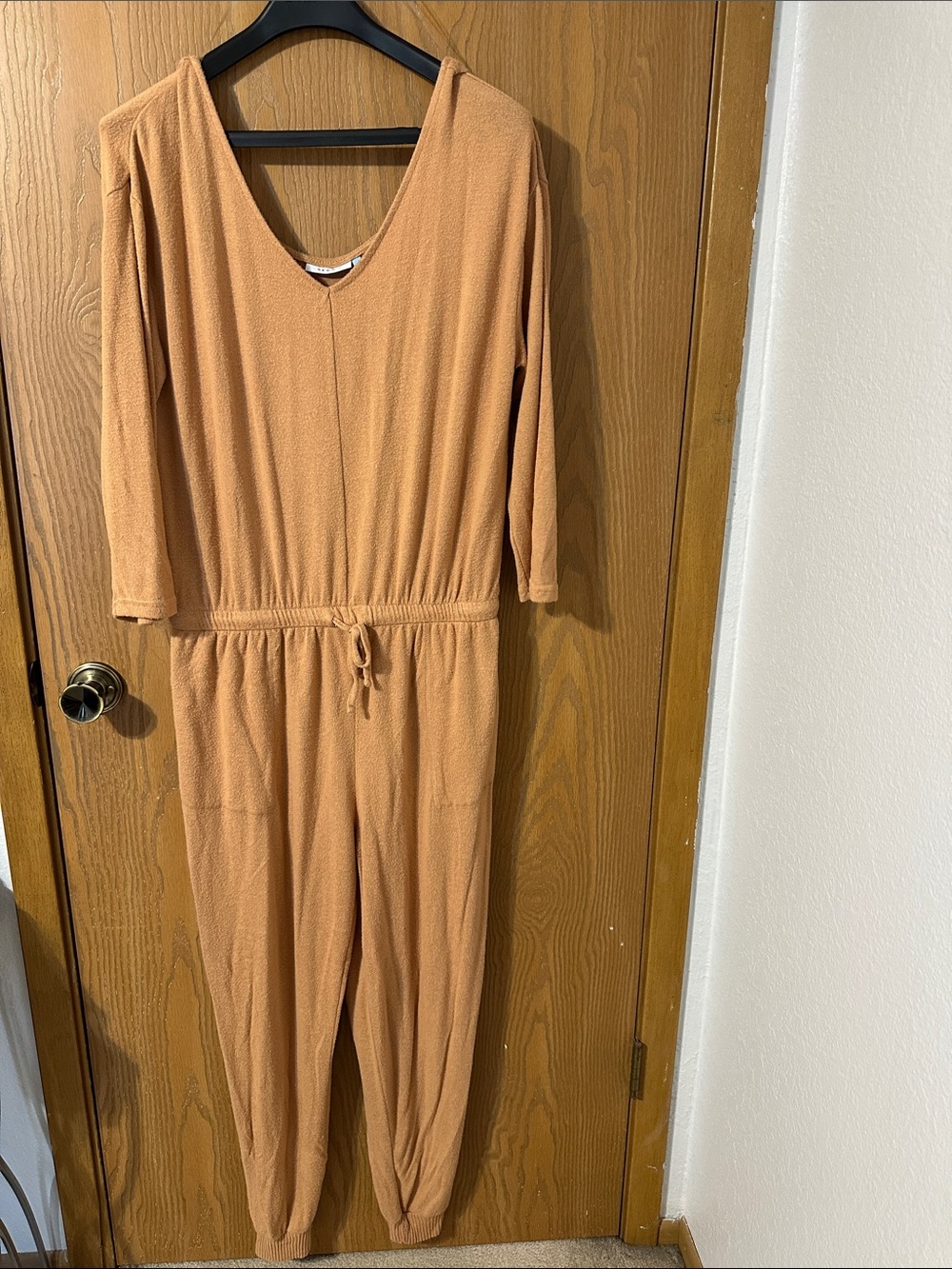 Serra Waffle-Knit Drawstring Jumpsuit in Camel Tan